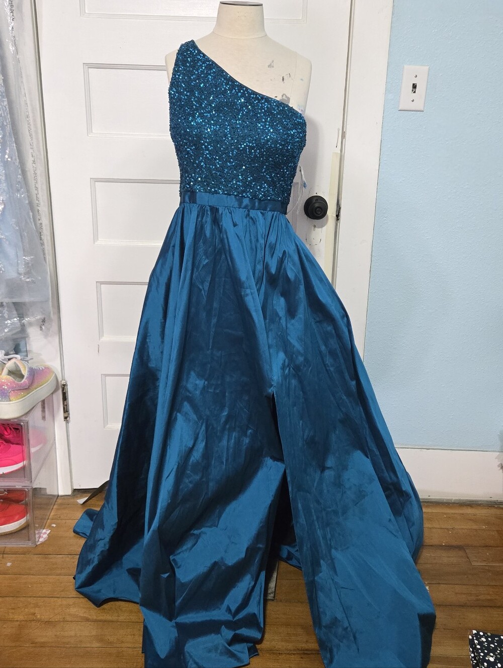 Adrianna Papell Dark Teal One-Shoulder Ball Gown
